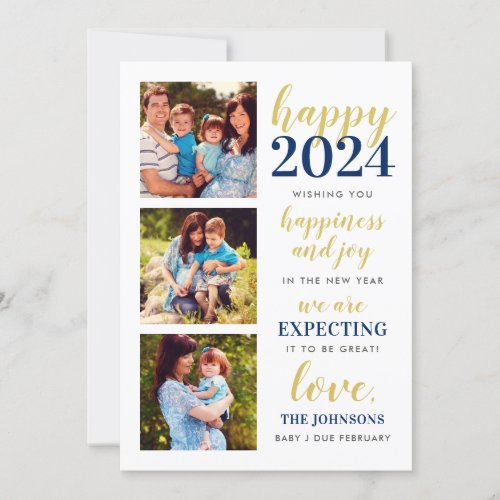 Happy New Year Navy and Gold Expecting in 2024 Holiday Card