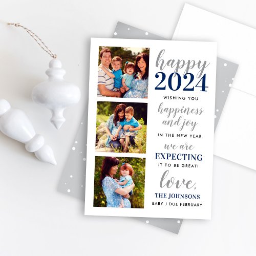 Happy New Year Navy and Silver Expecting in 2024 Holiday Card