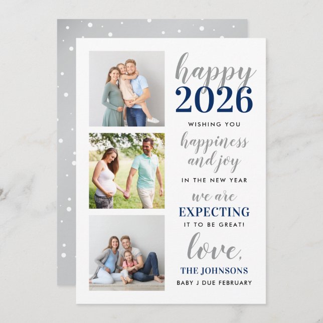 Happy New Year Navy and Silver Expecting in 2026 Holiday Card (Front/Back)