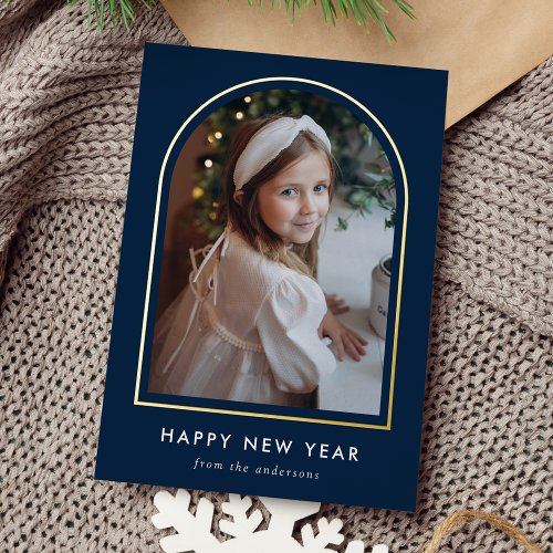 Happy New Year Navy Arch Photo Foil Holiday Card