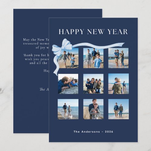 Happy New Year Navy Blue 9 Photo Bow Holiday Card