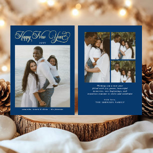Happy New Year Navy Blue Family 4 Photo Collage Foil Holiday Card