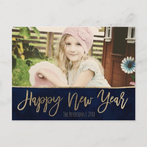 Happy New Year navy blue gold typography photo Holiday Postcard