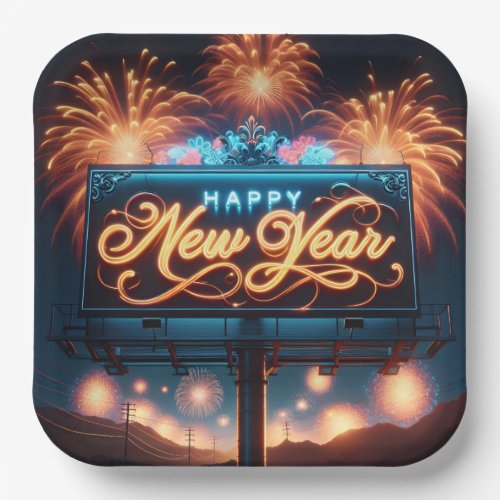 Happy New Year Neon Billboard Paper Plates