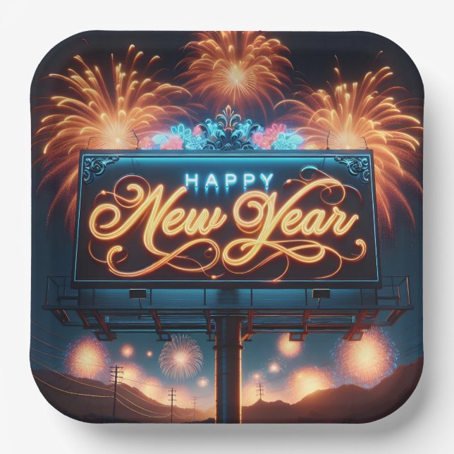 Happy New Year Neon Billboard Paper Plates (Front)