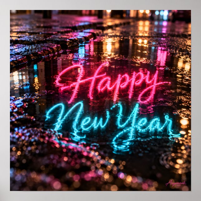Happy New Year Neon Puddle Reflection  Poster (Front)
