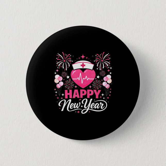 Happy New Year Nurse Crew Heartbeat Medical Celebr Button (Front)