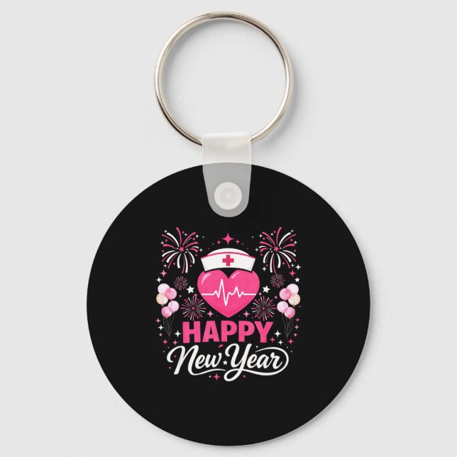Happy New Year Nurse Crew Heartbeat Medical Celebr Keychain (Front)