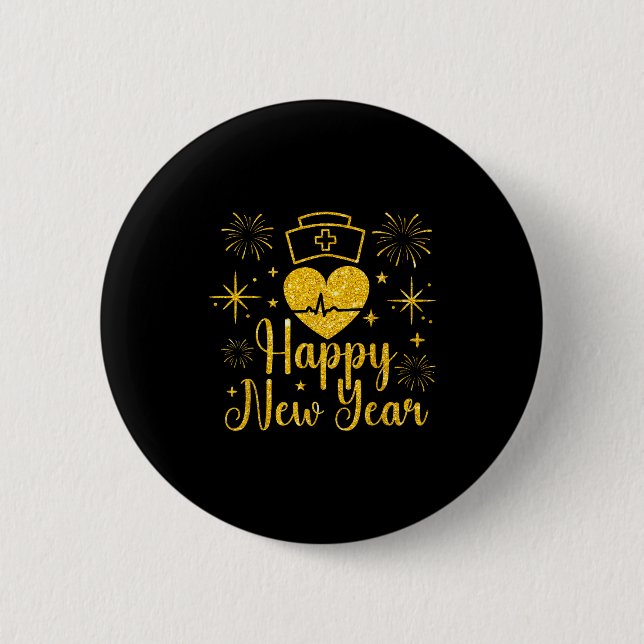 Happy New Year Nurses Heartbeat Fireworks New Year Button (Front)