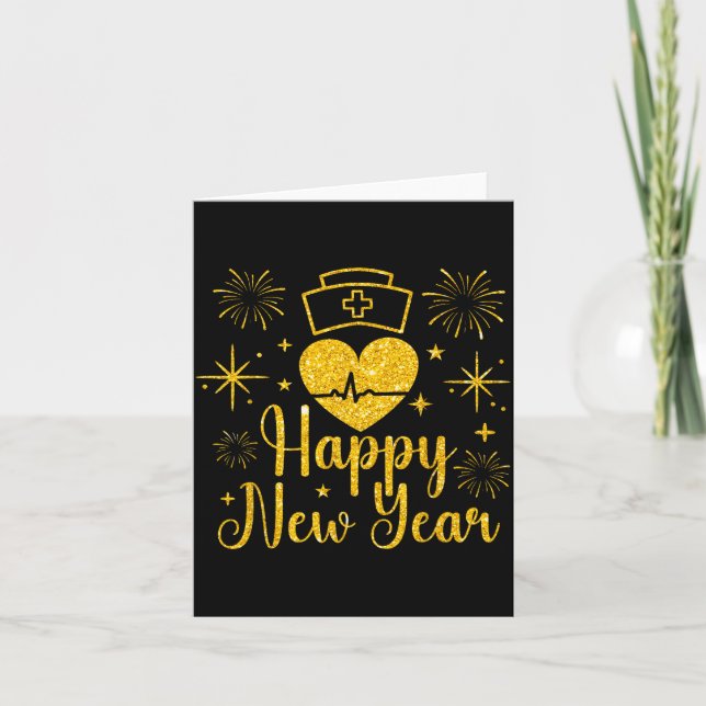 Happy New Year Nurses Heartbeat Fireworks New Year Card (Front)