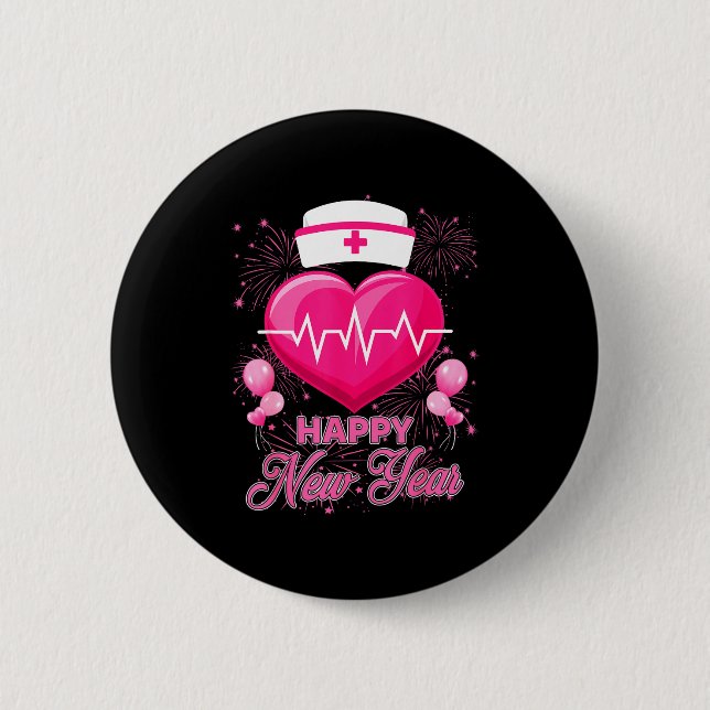 Happy New Year Nurses Heartbeat New Years Eve Part Button (Front)