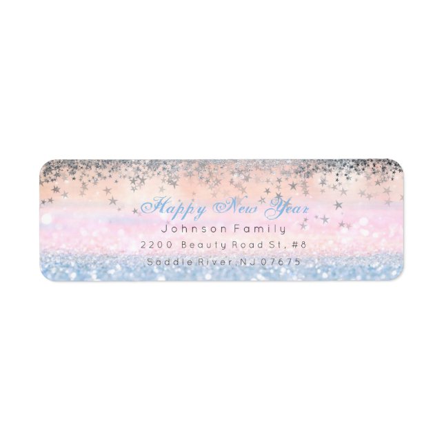 Happy New Year Ombre Silver Stars Snow Pink Label (Front)
