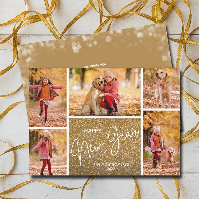 Happy New Year on Gold Multi Photo Holiday Card (Happy New Year on Gold Multi-Photo Holiday Cards)