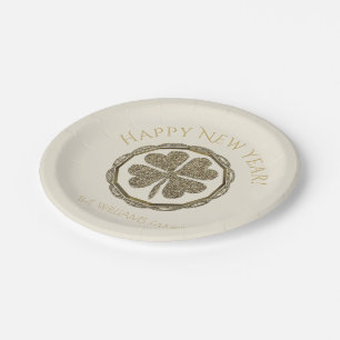 Happy New Year or Your Text Four Leaf Clover Paper Plates