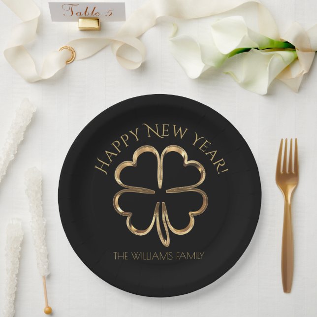 Happy New Year or Your Text Four Leaf Clover Paper Plates (Wedding)