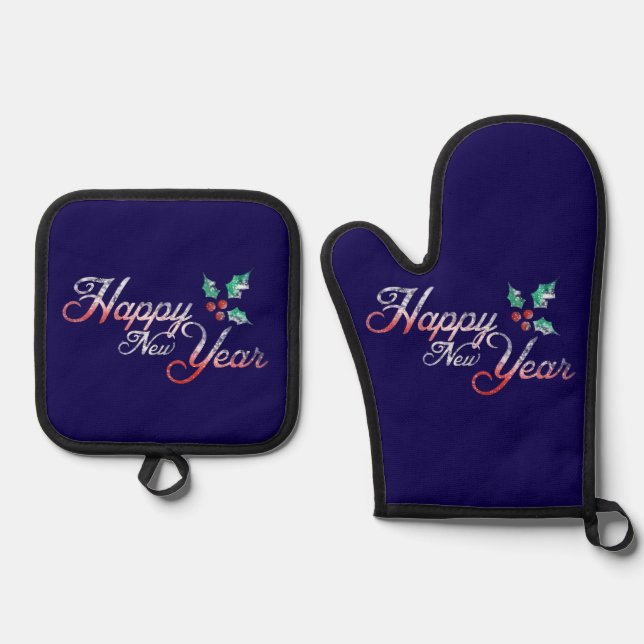 Happy New Year Oven Mitt & Pot Holder Set (Front)
