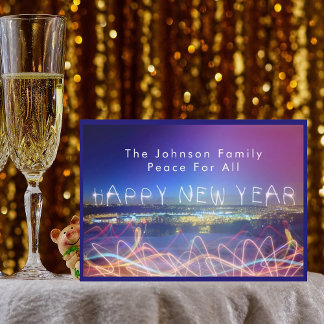 Happy New Year Over City Lights & Confetti Card