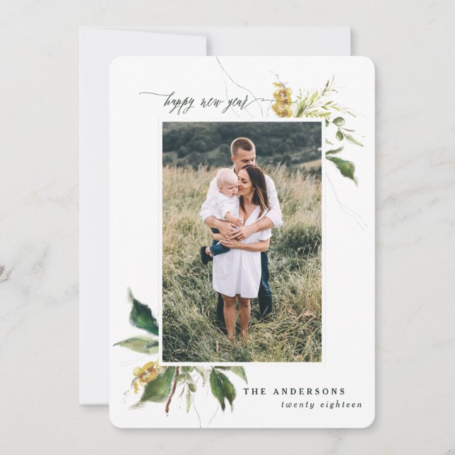Happy new year painted floral photo holiday card (Front)