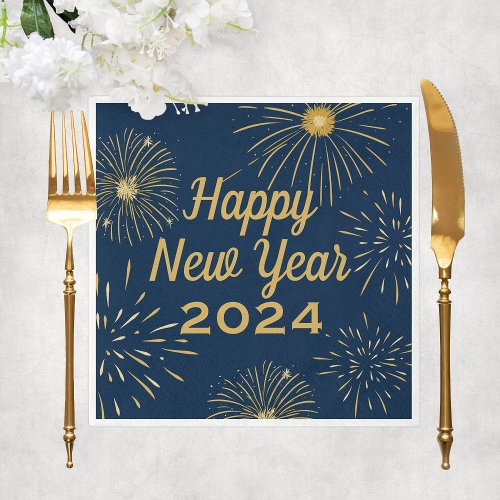 Happy New Year Party 2024 Fireworks Navy Blue Gold Napkins