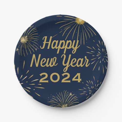 Happy New Year Party 2024 Fireworks Navy Blue Gold Paper Plates
