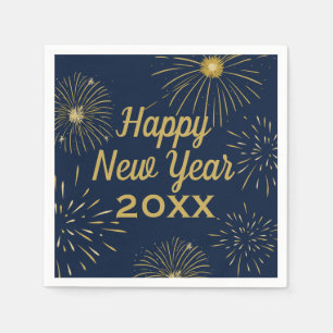 Happy New Year Party 2025 Fireworks Navy Blue Gold Napkins