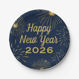 Happy New Year Party 2025 Fireworks Navy Blue Gold Paper Plates