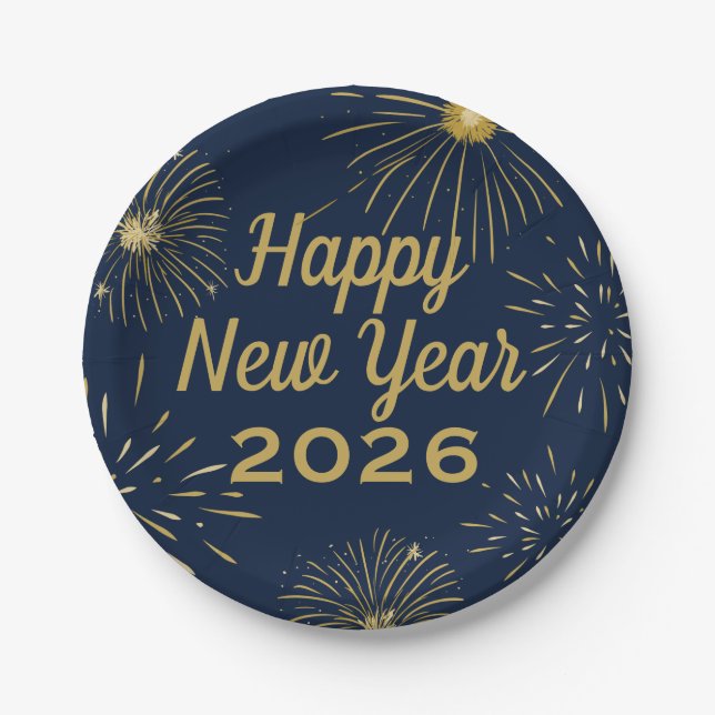 Happy New Year Party 2026 Fireworks Navy Blue Gold Paper Plates (Front)