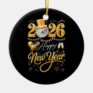 Happy New Year Party 2026 Funny Balloon Family Mat Ceramic Ornament