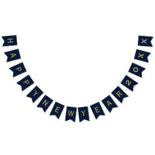 Happy New Year Party 2026 Navy Blue Gold Bunting Flags