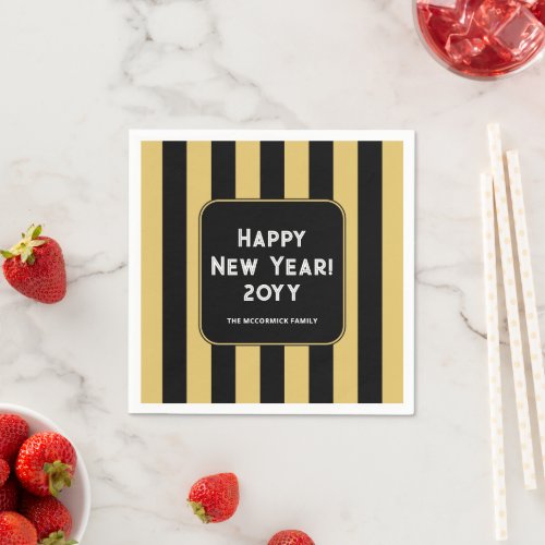 Happy New Year Party Black Gold Stripes Napkins
