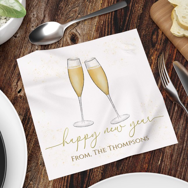 Happy New Year Party Champagne Watercolor Gold Napkins (Happy New Year Custom Cocktail Napkins)