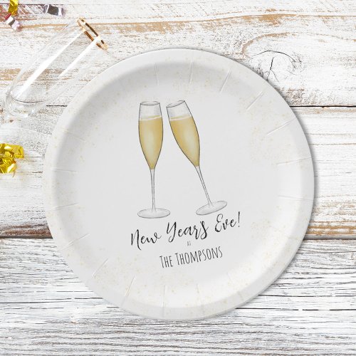 Happy New Year Party Champagne Watercolor Gold Paper Plates