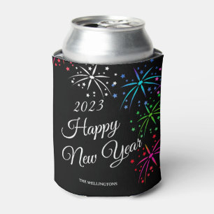 Happy new year party colorful fireworks black can cooler