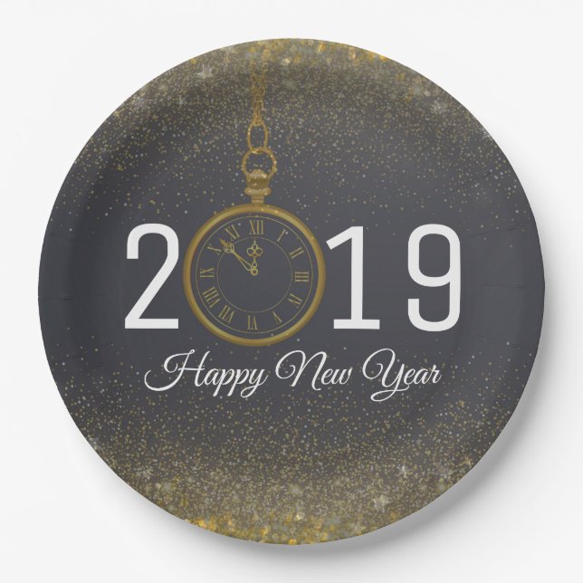 Happy New Year Party confetti Clock Paper Plates (Front)