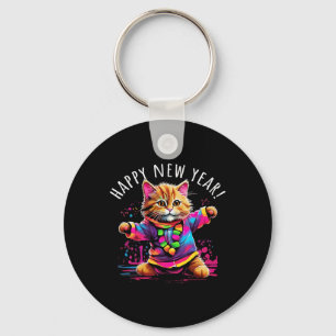 Happy New Year Party Dancing Cat Design Keychain