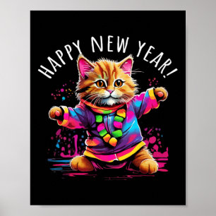 Happy New Year Party Dancing Cat Design Poster