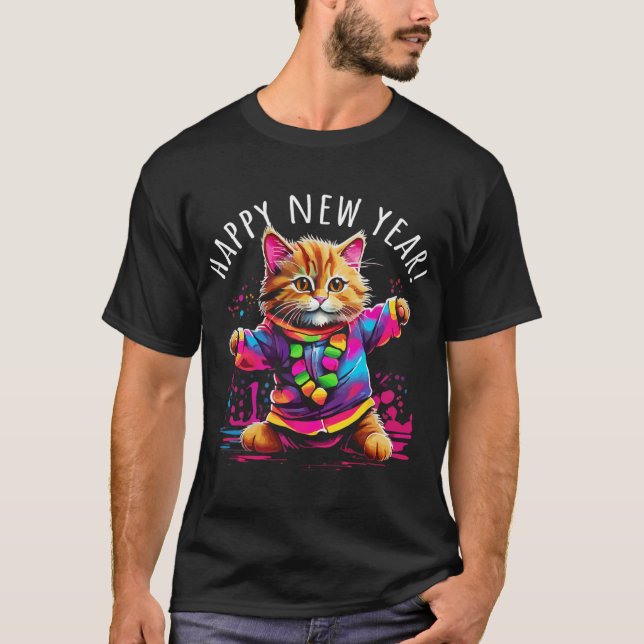 Happy New Year Party Dancing Cat Design  T-Shirt (Front)