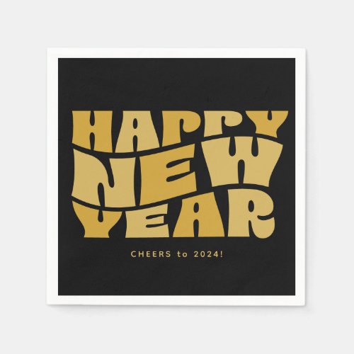 Happy New Year party fun trendy retro black gold Napkins