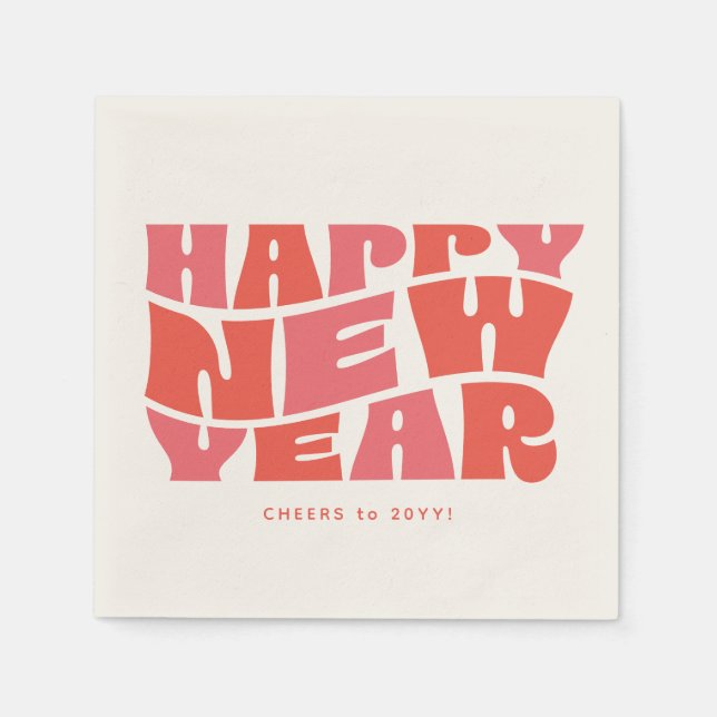 Happy New Year party fun trendy retro pink red Napkins (Front)