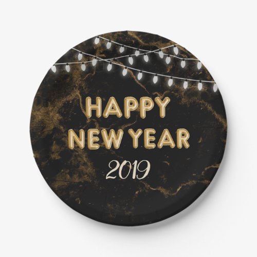 Happy New Year Party Gold Balloons Lights Black Paper Plates