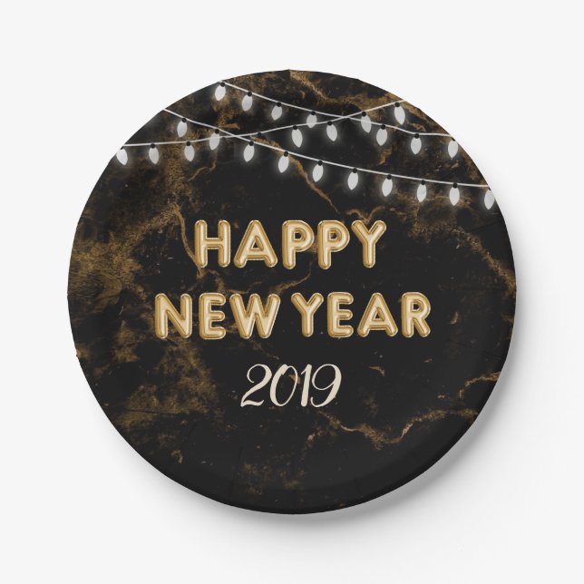 Happy New Year Party Gold Balloons Lights Black Paper Plates (Front)