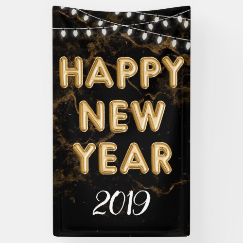 Happy New Year Party Gold Black Balloon Lights Banner