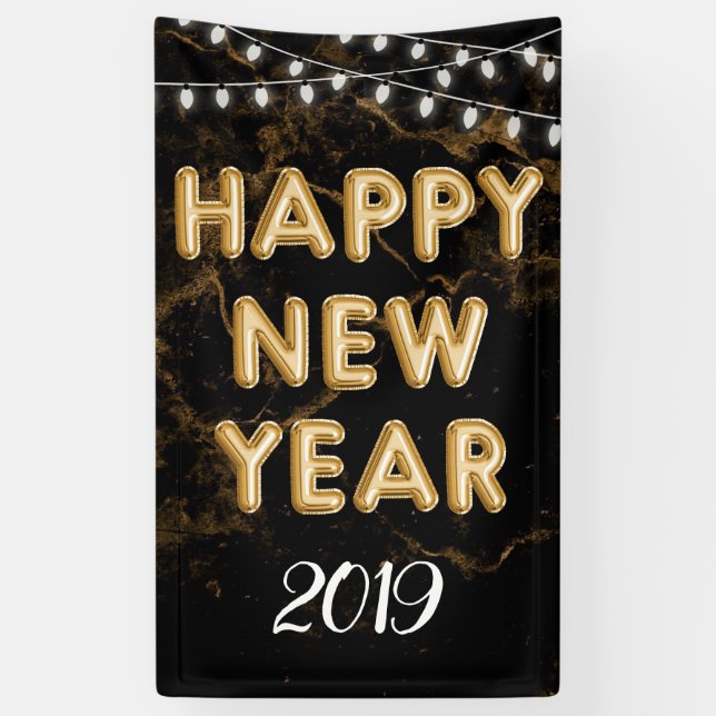 Happy New Year Party Gold Black Balloon Lights Banner (Vertical)