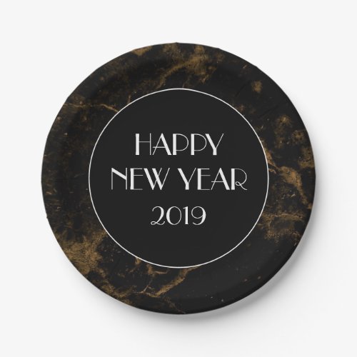 Happy New Year Party Gold Black Marble Paper Plates