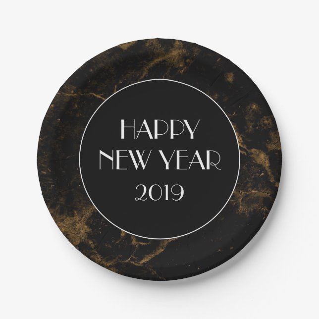 Happy New Year Party Gold Black Marble Paper Plates (Front)