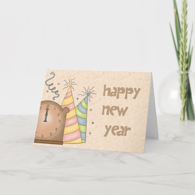 Happy New Year Party Hats, Clock Greeting Card