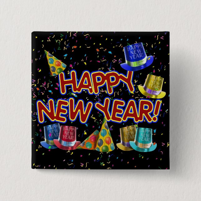 Happy New Year Party Hats Pinback Button (Front)