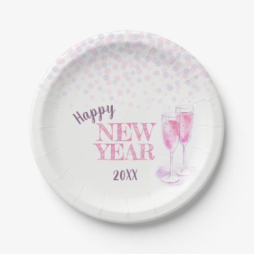 Happy New Year party pink champagne paper plate