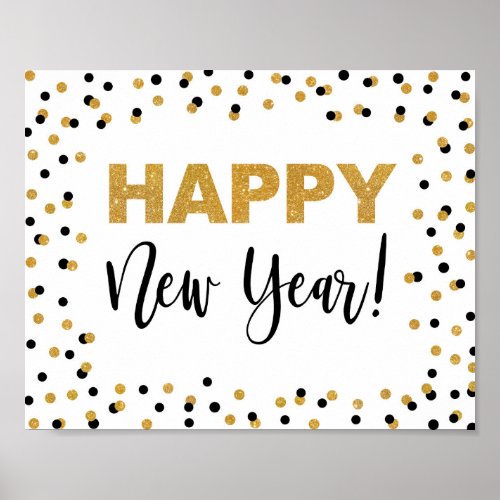 Happy New Year Party Sign Black  Gold Confetti