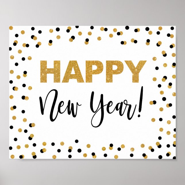 Happy New Year Party Sign Black & Gold Confetti (Front)